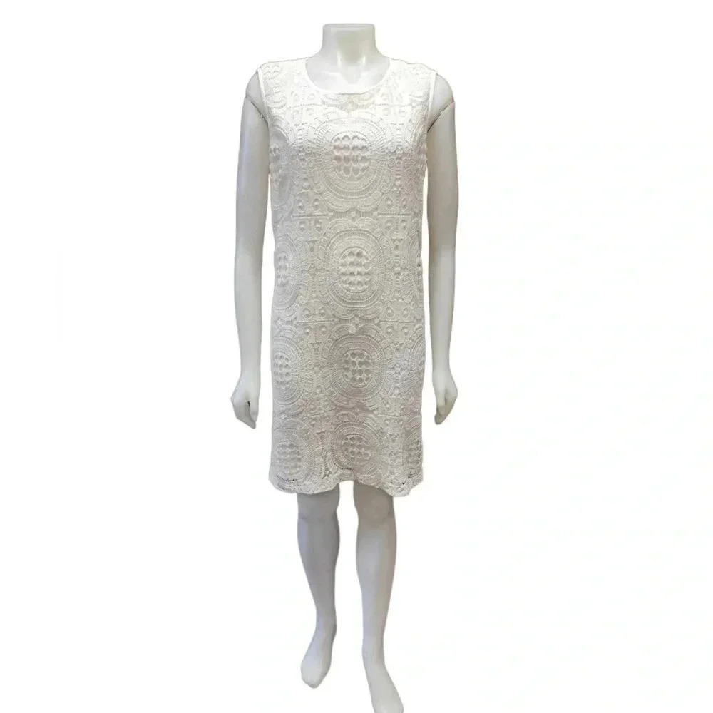 Katherine Barclay White Crochet Lace  Sleeveless Midi Dress Size 12